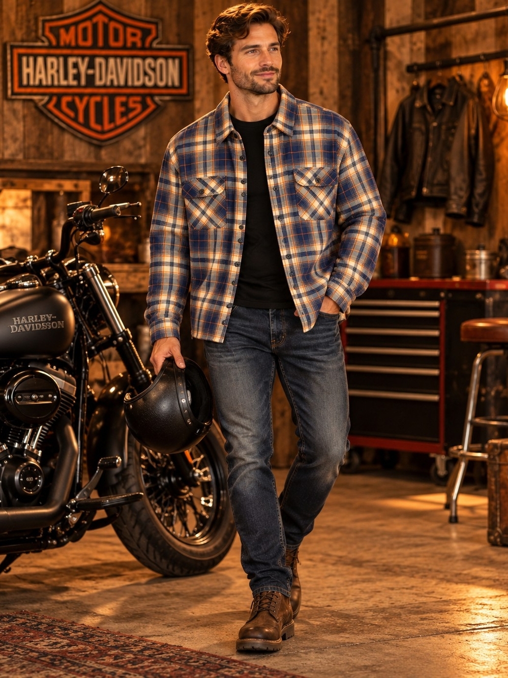 Vintage Harley-Davidson Genuine MotorClothes Quilted Lined Plaid Flannel Shacket